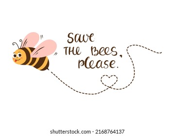 Cartoon bee flying on a dotted route isolated on the white background. With text. Vector illustration. 