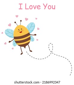 Cartoon bee flying on a dotted route. Lovely bee character. I love you. Cute vector illustration isolated on the white background. Greeting card for valentine's day and holidays.