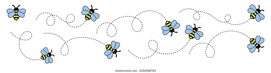 Cartoon bee flying on a dotted route.