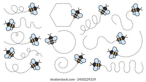 Abeja caricaturista volando en una línea punteada. Ilustración vectorial aislada sobre fondo blanco
