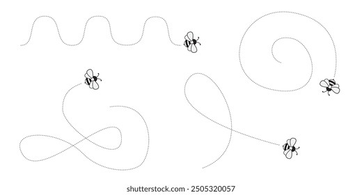 Cartoon Bee Flying on a Dotted Route. Vector illustration isolated on background.