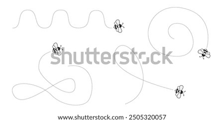 Cartoon Bee Flying on a Dotted Route. Vector illustration isolated on background.