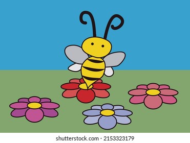 Cartoon bee flying through field of flowers.