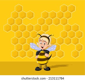 Cartoon bee girl in front of a honeycomb. Bee hive.