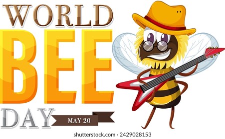 Cartoon bee with guitar celebrating environmental awareness.