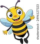 A cartoon bee with a happy face and arms with one foot in the air and one leg in the air