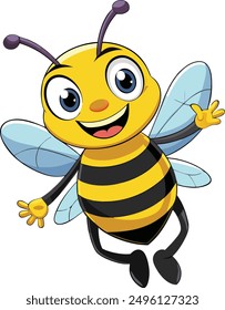 A cartoon bee with a happy face and arms with one foot in the air and one leg in the air