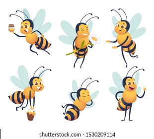 Cartoon bee. Happy flying insect mascot bee nature honey delivers vector characters isolated