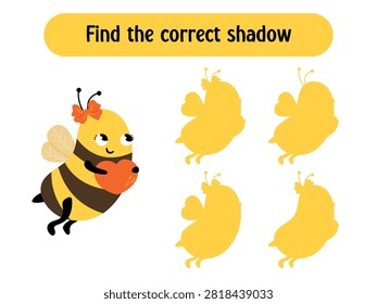 Cartoon bee with heart find the correct shadow educational game.