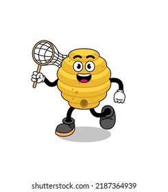Cartoon of bee hive catching a butterfly , character design