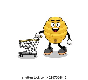 Cartoon of bee hive holding a shopping trolley , character design