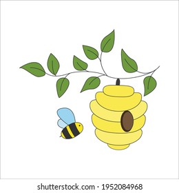 Cartoon bee hive on a tree branch isolated on white background. House for bees. The life of bees in nature. Vector illustration