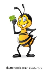 Cartoon bee holding a bundle of money with a smile and hands on hips