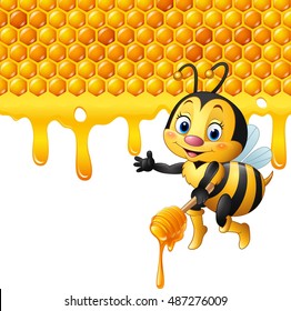 Cartoon bee holding dipper with honeycomb and honey dripping