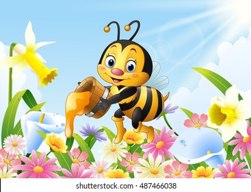 Cartoon bee holding honey bucket with flower background