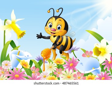 Cartoon bee holding honey dipper with flower background