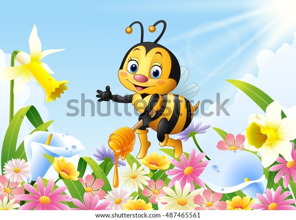 Cartoon Bee Holding Honey Dipper Flower Stock Vector (Royalty Free ...