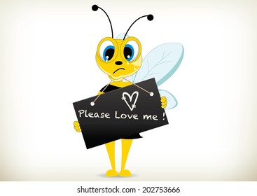 Cartoon bee holding love me signboard