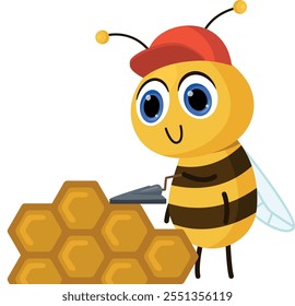 A cartoon bee is holding a shovel and standing in front of a stack of honeycomb