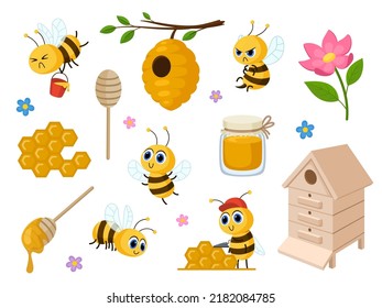 Cartoon bee and honey isolated sweet characters for child. Honeycomb, cute bees and jar of healthy sweets. Flying delivery, insects garish vector set