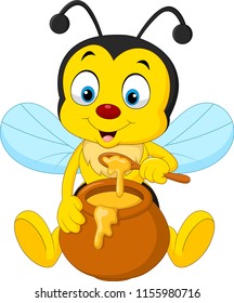 Cartoon bee with honey pot