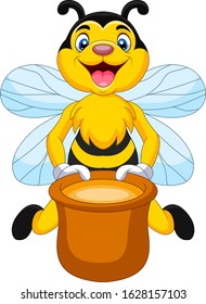 Cartoon bee with honey pot
