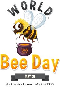 Cartoon bee with honey pot celebrating World Bee Day