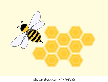 Cartoon bee in honeycomb, vector illustration