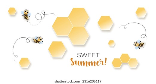 Cartoon bee. Honeycombs. Swarm of bees. Vector bee background. Bee flies along a dotted path 