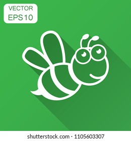Cartoon bee icon in flat style. Wasp insect illustration on with long shadow. Bee business concept.