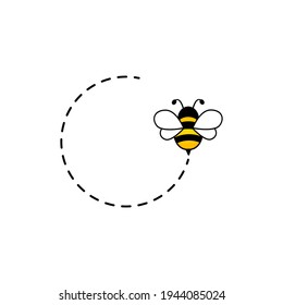 Cartoon bee icon. Bee flying on dotted circle route. Isolated on white background. Animal happy character. Vector illustration.