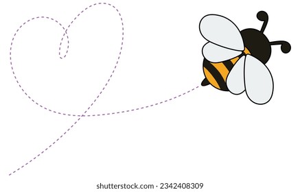 Cartoon bee icon. Bee flying on a dotted route isolated on the white background. Bee vector illustration.