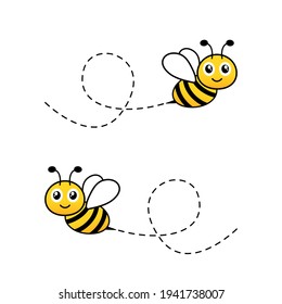 Cartoon bee icon set. Bees flying on a dotted route. Animal happy character. Vector illustration isolated on white background.