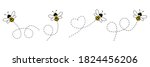 Cartoon bee icon set. Bee flying on a dotted route isolated on the white background. Vector illustration.
