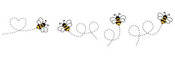 Ensemble D'icônes D'abeille De Dessin Animé. Abeille Volant Sur Une Route Pointillée Isolée Sur Fond Blanc. Illustration Vectorielle.