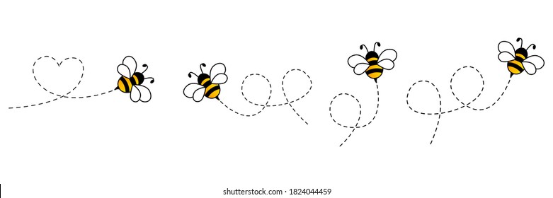 Juego de iconos de abejas de dibujos animados. Abejas volando en una ruta de puntos aislados en el fondo blanco. Ilustración vectorial.