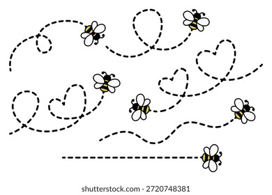 Conjunto de ícones dos desenhos animados. Abelha voando em uma rota pontilhada isolada sobre o fundo branco. Ilustração vetorial.