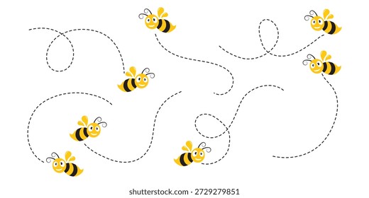 Conjunto de ícones de abelha de desenho animado. Abelha voando em uma rota pontilhada isolada no fundo branco. Ilustração vetorial.