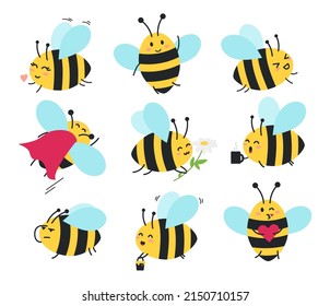 Cartoon bee icon set vector illustration. Cute flat style bee character with different emotions. Kawaii flying emojii bee set. Happy, sad, angry, sleepy and bee with coffee.