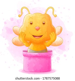 cartoon bee inside a gift with a watercolor background