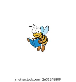 Cartoon bee intently reading a blue book
