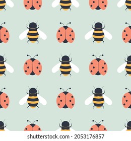 Abeja de dibujos animados y ladybug patrón sin fisuras. Borde vectorial lindo con insectos grandes. Diseño infantil de una mariquita roja y una abeja amarilla. Plantilla para tela, embalaje, oficina.