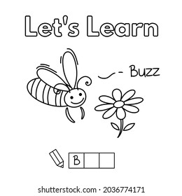 Cartoon bee learning game for small children - color and write the word. Vector coloring book pages for kids
