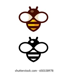 Cartoon bee logo design in color and black and white. Simple and cute outline icon.