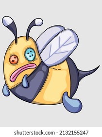 abeja de dibujos animados con mara en forma de botón de camisa y expresión triste