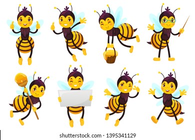 Cartoon Bee Mascot. Cute Honeybee, Flying Bees And Happy Funny Yellow Bee Character Mascots Vector Illustration Set