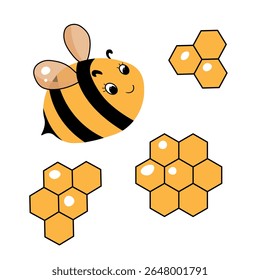Cartoon bee mascot. Little bee flying. Wasp collection. Vector bumblebee characters. Insect icon. Design template for invitation, card. Doodle style.