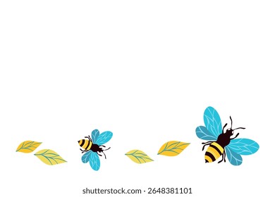 Cartoon bee mascot. Little bee flying. Wasp collection. Vector bumblebee characters. Insect icon. Design template for invitation, card. Doodle style. Background with copy space.