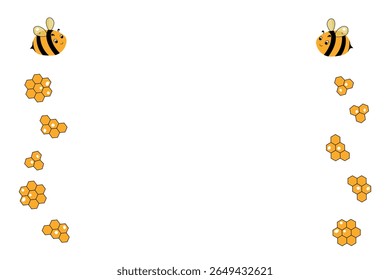 Mascote de abelhas de desenho animado. Pequena abelha voando. Coleção Wasp. Caracteres das abelhas vetoriais. Ícone de inseto. Modelo de design para convite, cartão. Estilo Doodle. Plano de fundo com espaço de cópia.