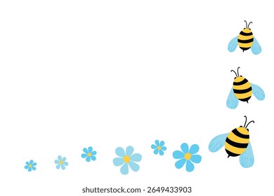 Mascote de abelhas de desenho animado. Pequena abelha voando. Coleção Wasp. Caracteres das abelhas vetoriais. Ícone de inseto. Modelo de design para convite, cartão. Estilo Doodle. Plano de fundo com espaço de cópia.